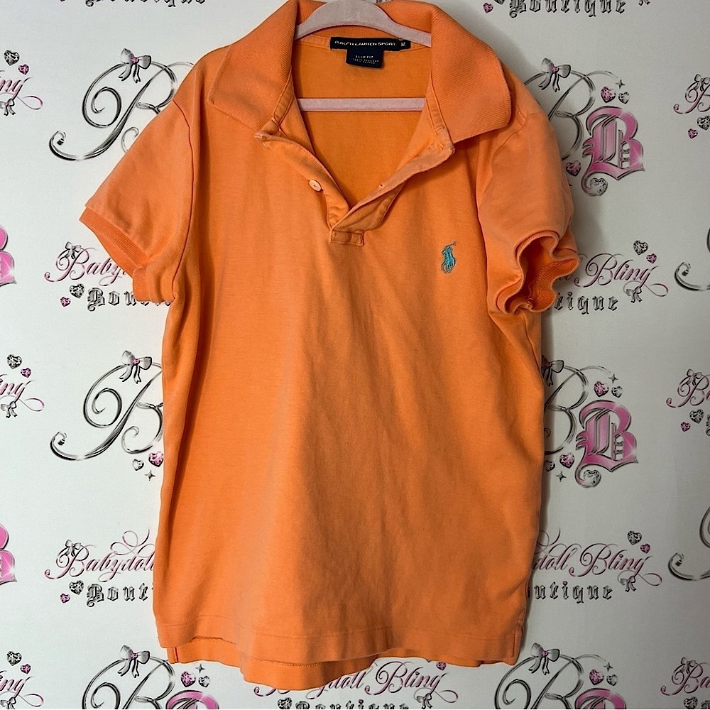 Ralph Lauren sport Orange Polo Shirt Classic Style collared logo blue slim fit